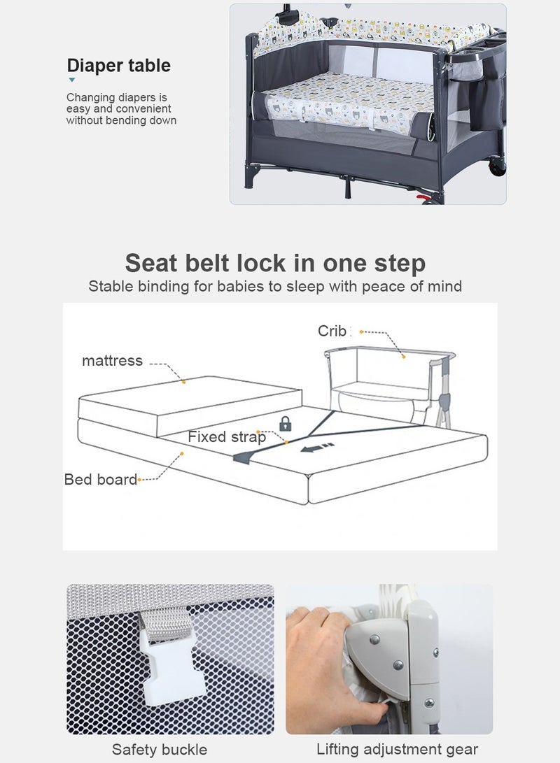 5-in-1 Baby Beside Crib, Foldable And Portable Baby Cot Bed, Comfort Infant Bassinet Bed With Diaper Changing Table