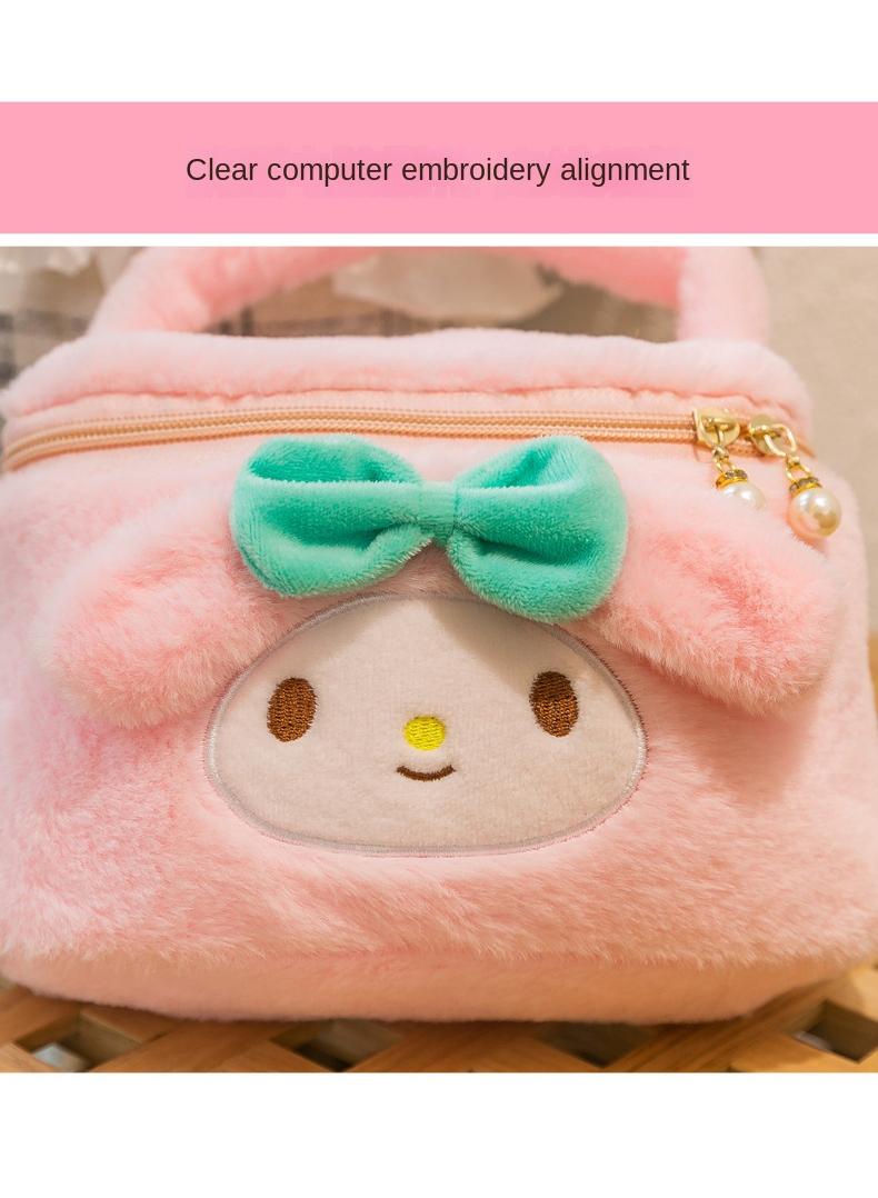 Cute Plush Makeup Bag handbag  Open Flat Travel Toiletry Accessories Organizer Cosmetic Pouch with Handle for Cosmetics Brushes Toiletry Jewelry