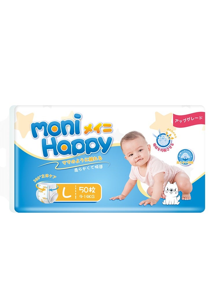 Moni Happy Baby Diaper Pants Super Absorption, Fluffy non-woven fabric, Smart wetness detector, Double-leak guard - L, 9-14kg - 50 pcs