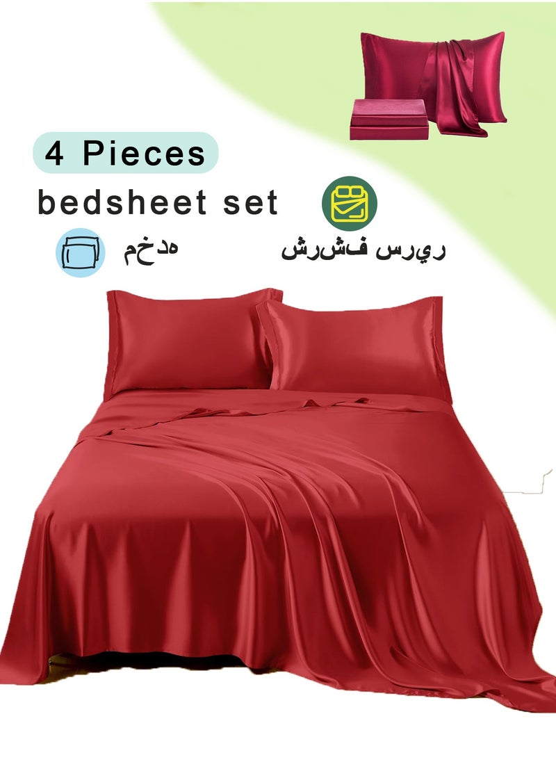 4 Piece  Luxury Silk Satin bed sheets Full Bedding Set 1 Flat Sheet 1 Fitted Sheet 2 Pillow Cases Silky Satin red