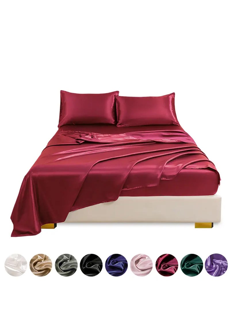 4 Piece  Luxury Silk Satin bed sheets Full Bedding Set 1 Flat Sheet 1 Fitted Sheet 2 Pillow Cases Silky Satin red