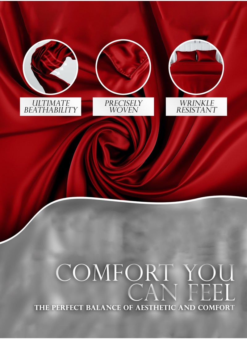 4 Piece  Luxury Silk Satin bed sheets Full Bedding Set 1 Flat Sheet 1 Fitted Sheet 2 Pillow Cases Silky Satin red