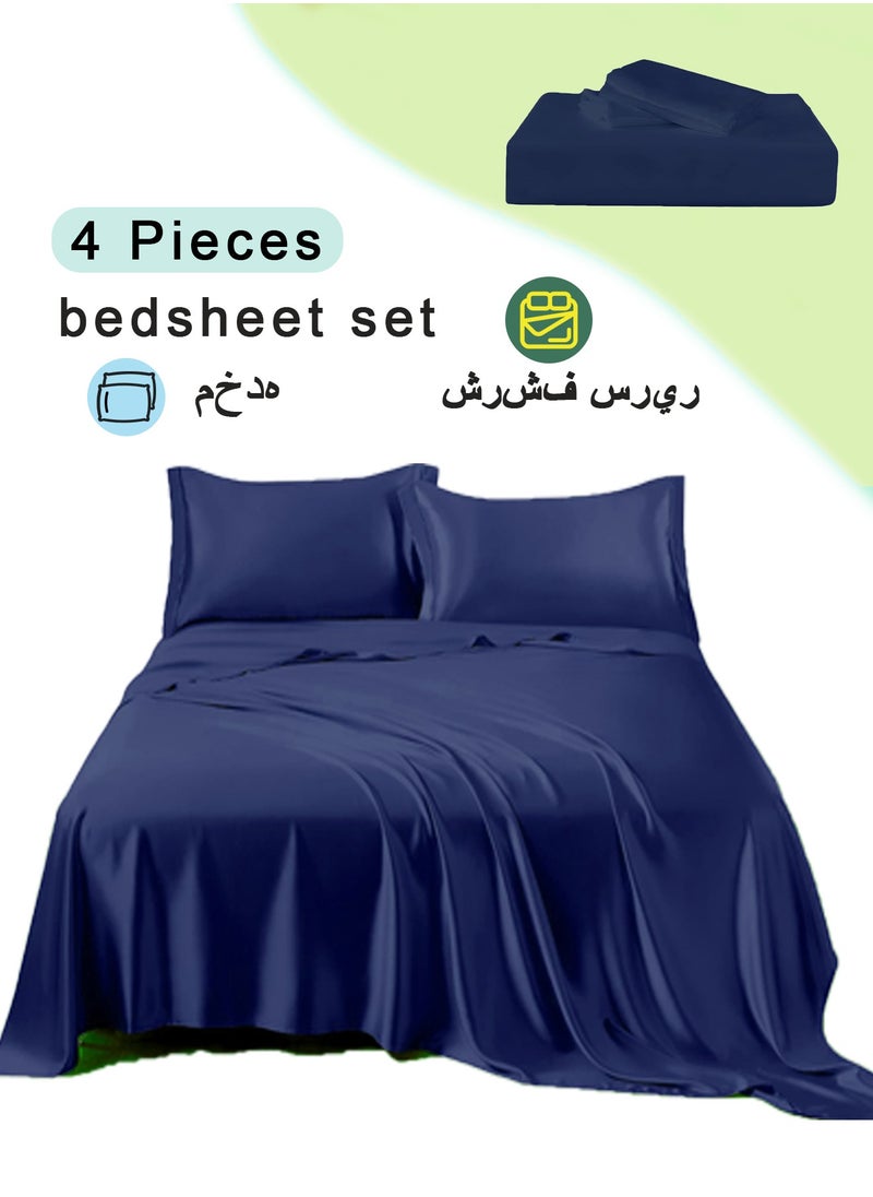 4 Piece Luxury Silk bed sheets  Full Bedding Set 1 Flat Sheet 1 Fitted Sheet  2 Pillow Cases  Silky Satin blue