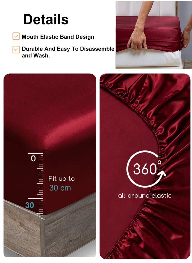 4 Piece  Luxury Silk Satin bed sheets Full Bedding Set 1 Flat Sheet 1 Fitted Sheet 2 Pillow Cases Silky Satin red