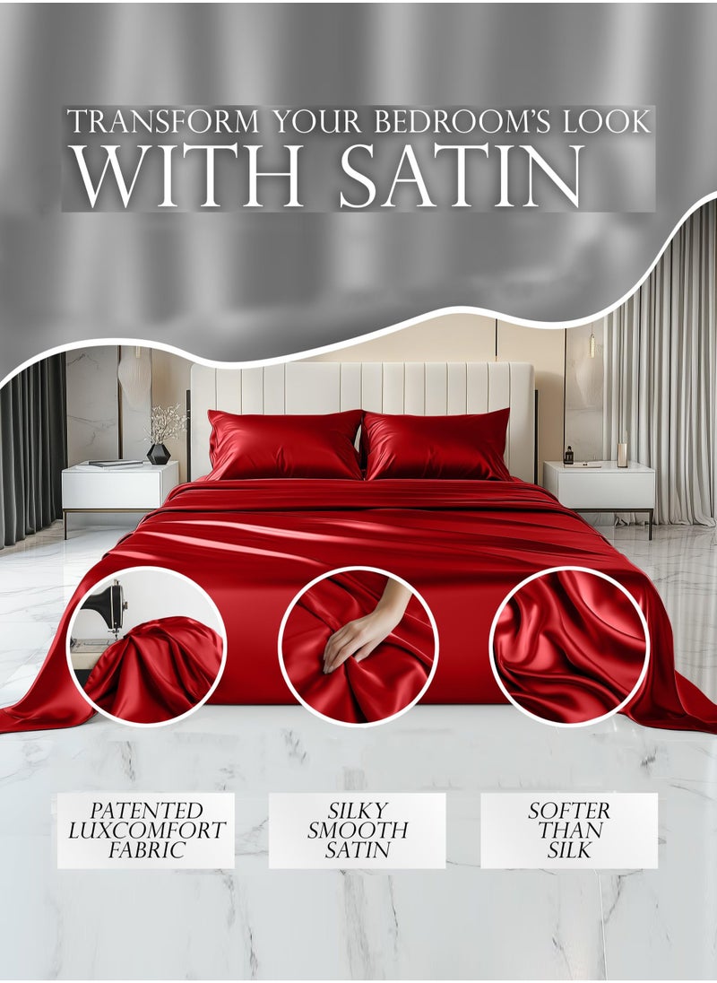 4 Piece  Luxury Silk Satin bed sheets Full Bedding Set 1 Flat Sheet 1 Fitted Sheet 2 Pillow Cases Silky Satin red