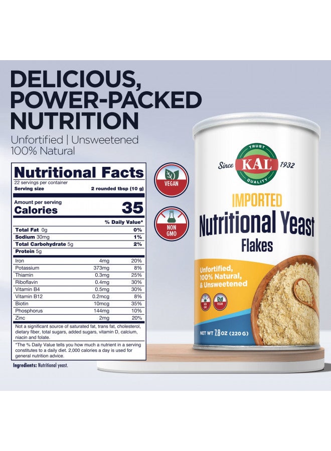 KAL Imported Nutritional Yeast Flakes, Unfortified & Unsweetened Fine Flakes, 100% Natural Source of Amino Acids & B Vitamins, Great Nutty Flavor, Non-GMO & Vegan, Approximately 22 Servings, 7.8oz