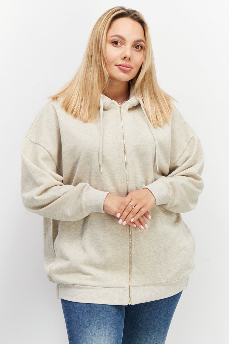 Women Hooded Neck Metallic Full Zip Sweatshirt, Beige