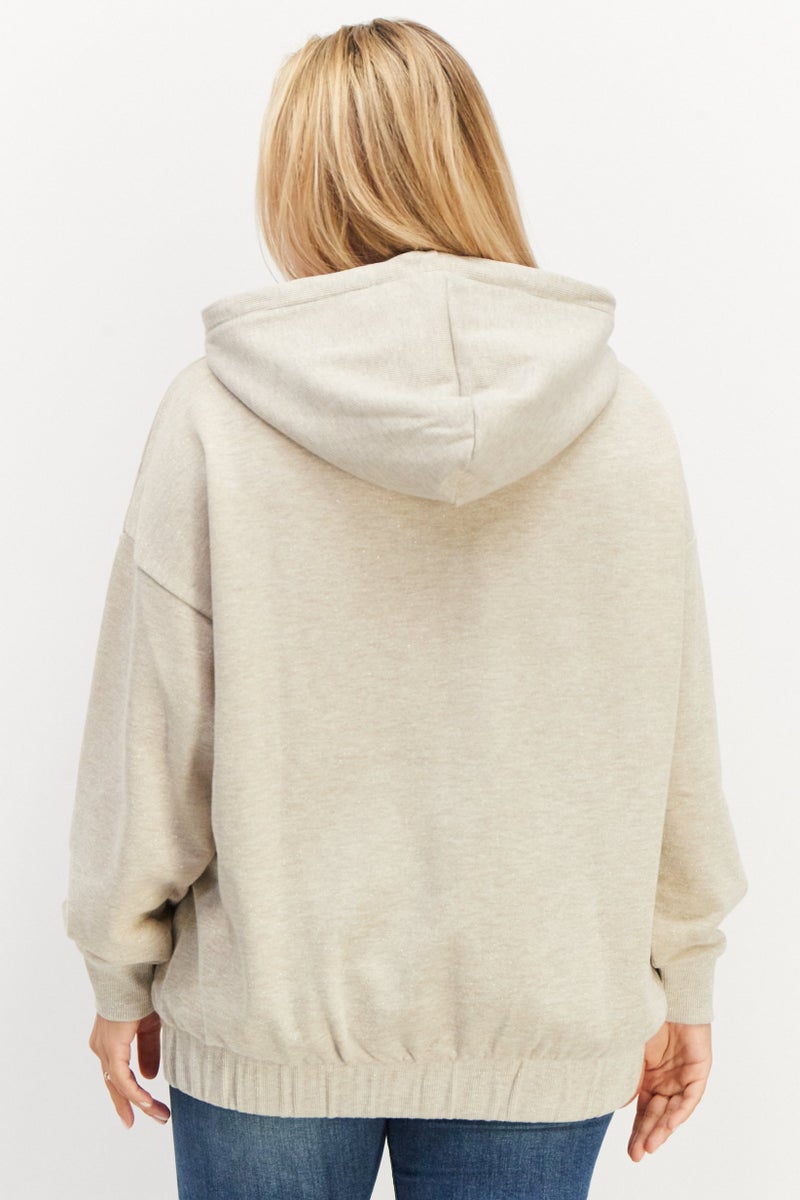 Women Hooded Neck Metallic Full Zip Sweatshirt, Beige