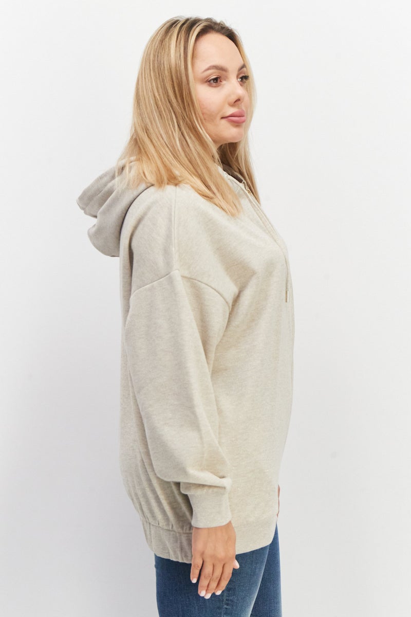 Women Hooded Neck Metallic Full Zip Sweatshirt, Beige