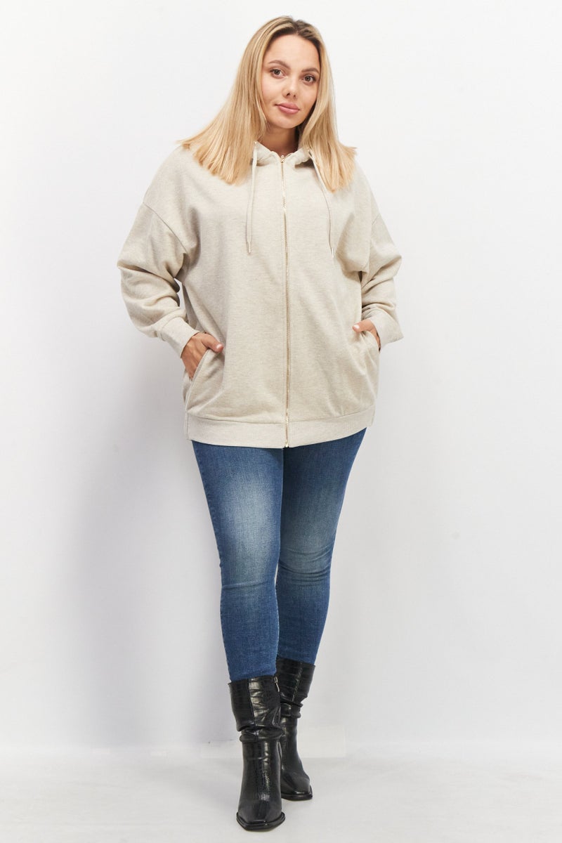 Women Hooded Neck Metallic Full Zip Sweatshirt, Beige