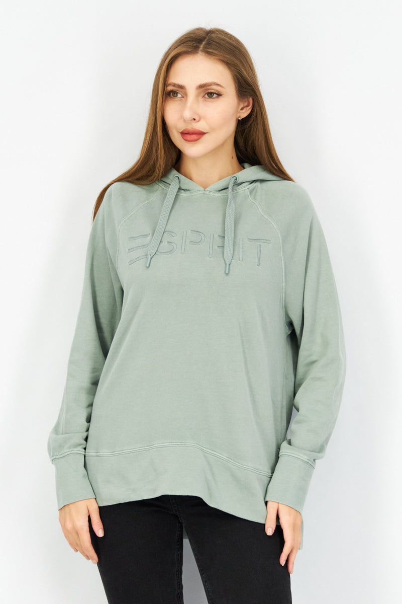 Women Drawstring Hooded Embroidered Logo Sweatshirt, Sage Green