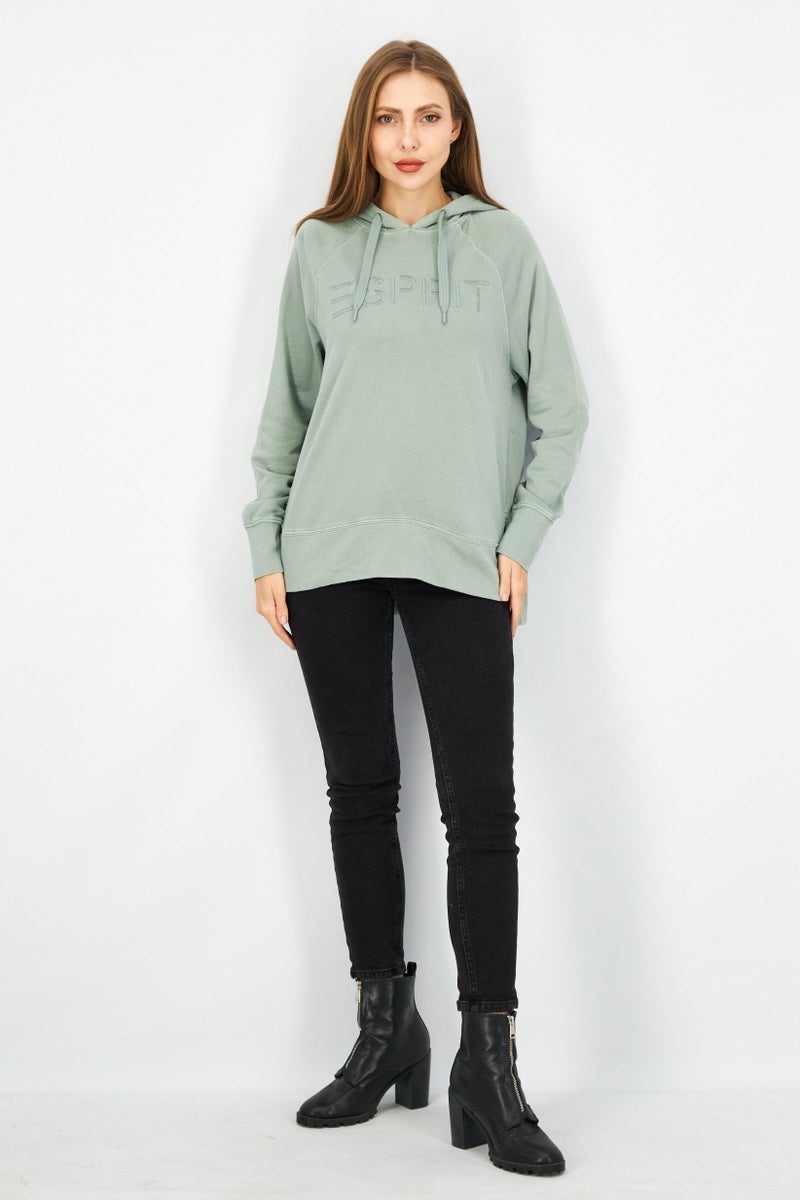 Women Drawstring Hooded Embroidered Logo Sweatshirt, Sage Green