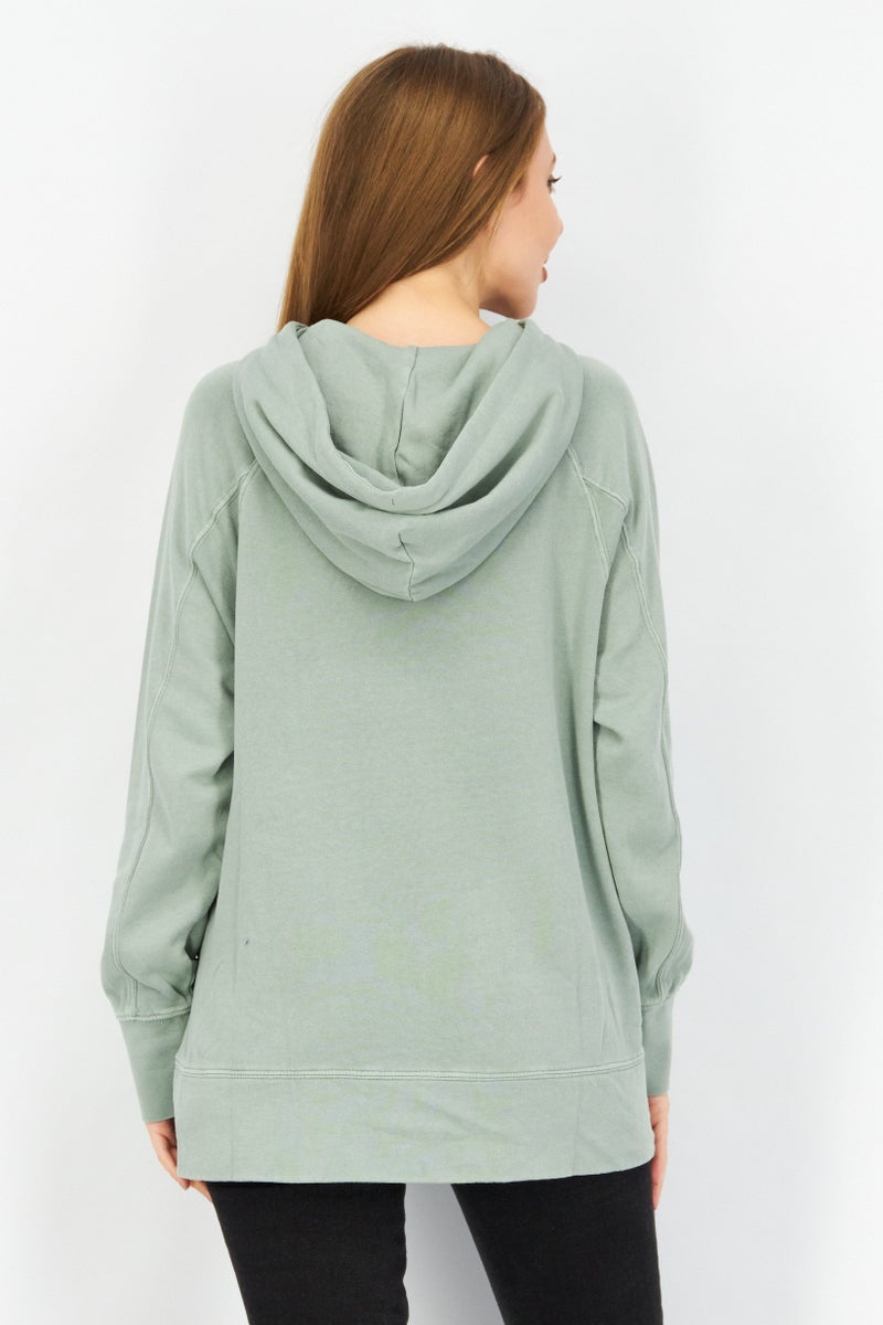 Women Drawstring Hooded Embroidered Logo Sweatshirt, Sage Green