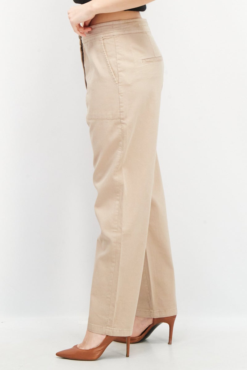 Women Regular Fit Solid High Rise Pants, Beige