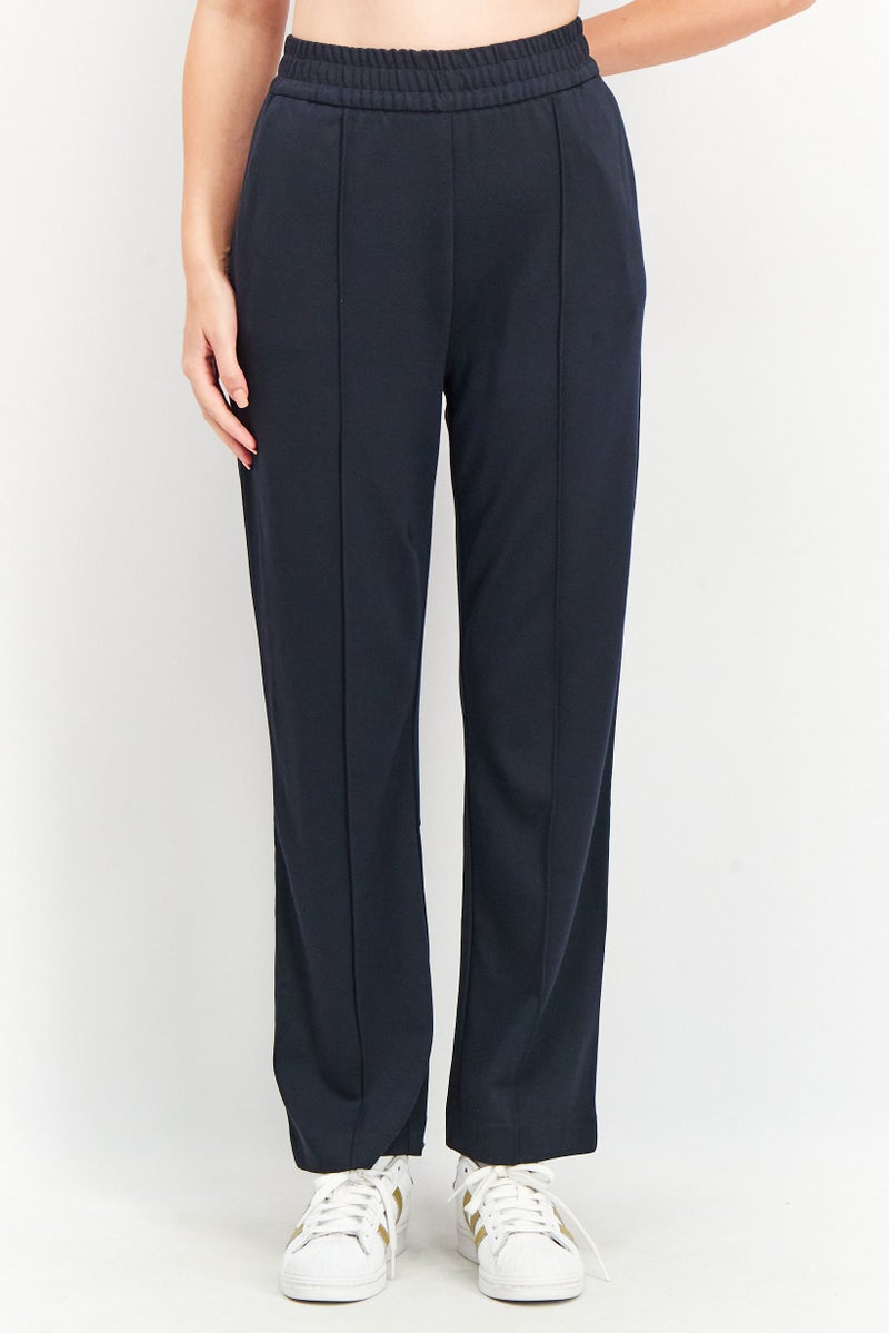 Women Regular Fit Plain Pants, Navy