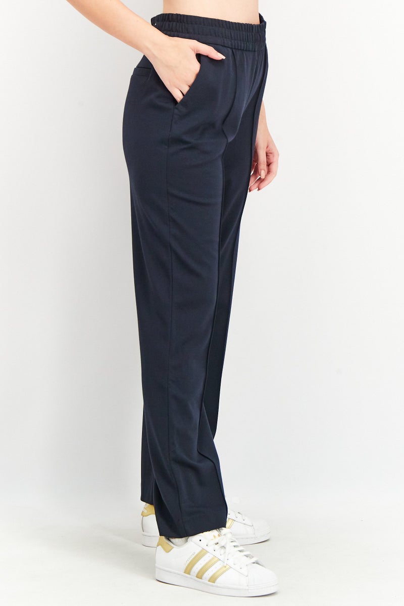 Women Regular Fit Plain Pants, Navy