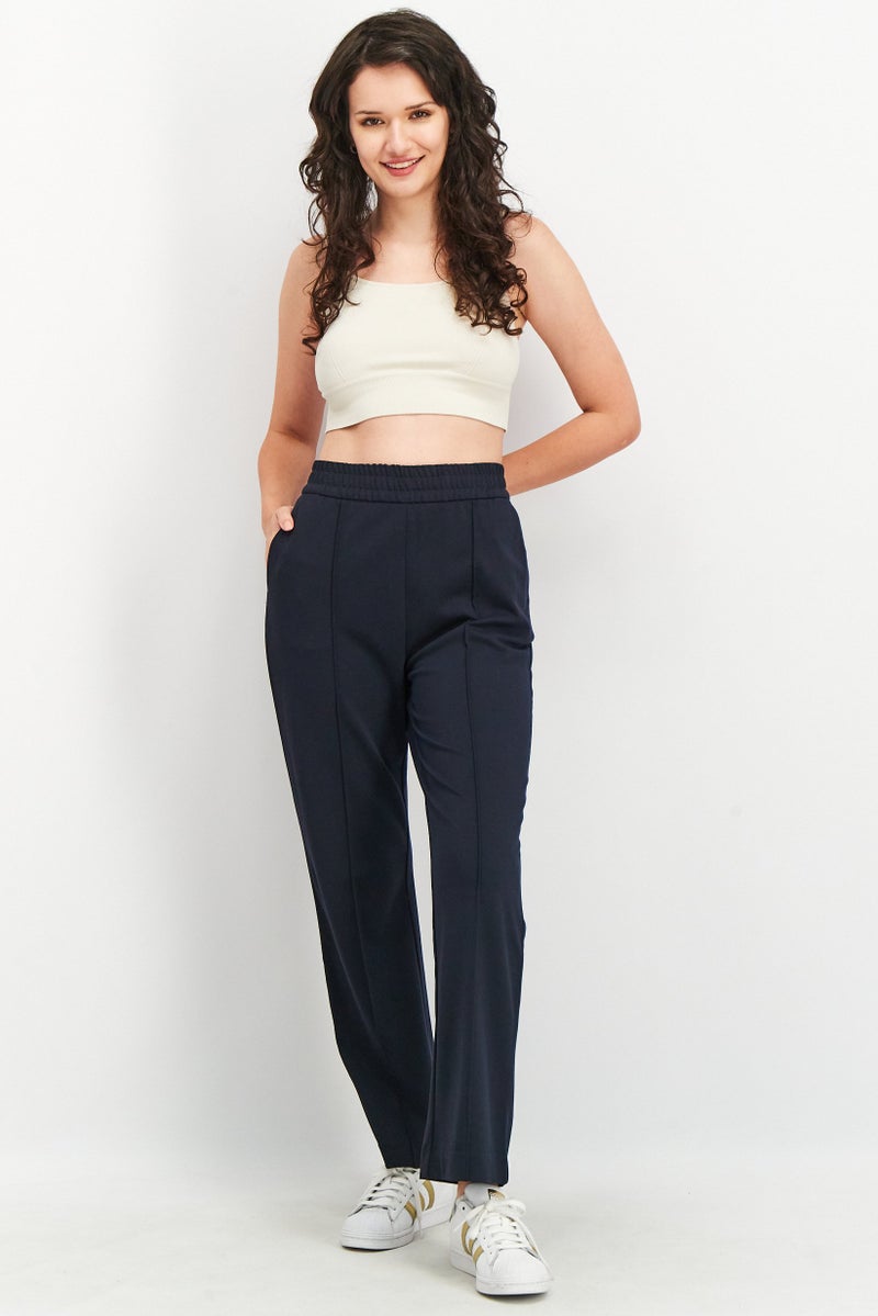 Women Regular Fit Plain Pants, Navy