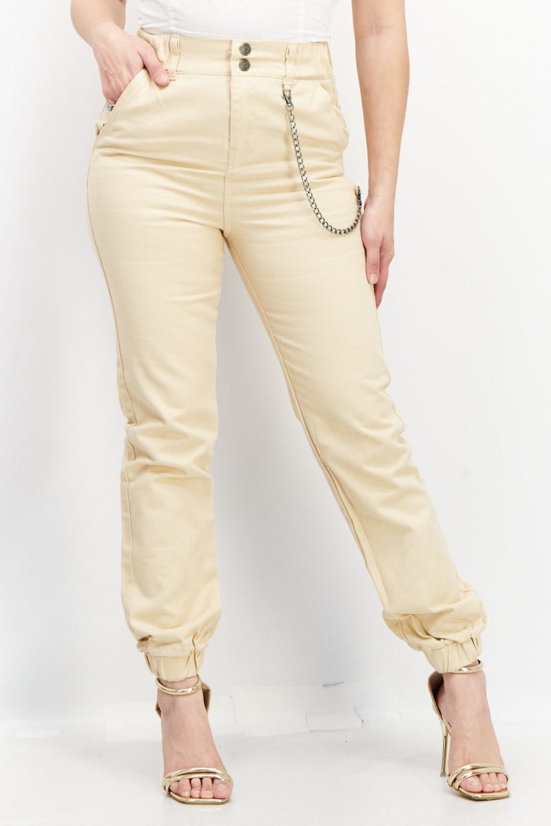 Women Slim Fit Plain Pants, Beige