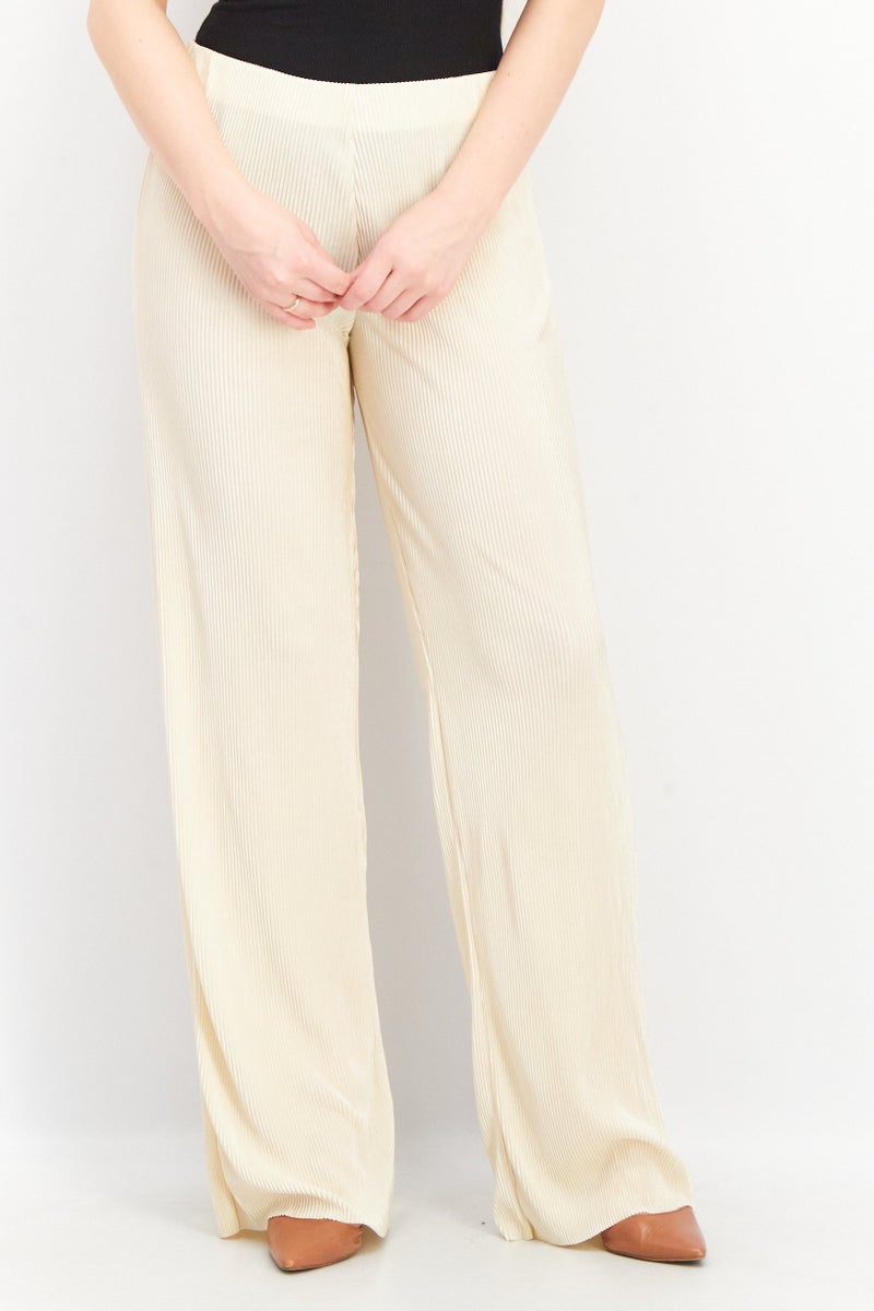 Women Pull On Ribbed Wide Leg Pants, Beige