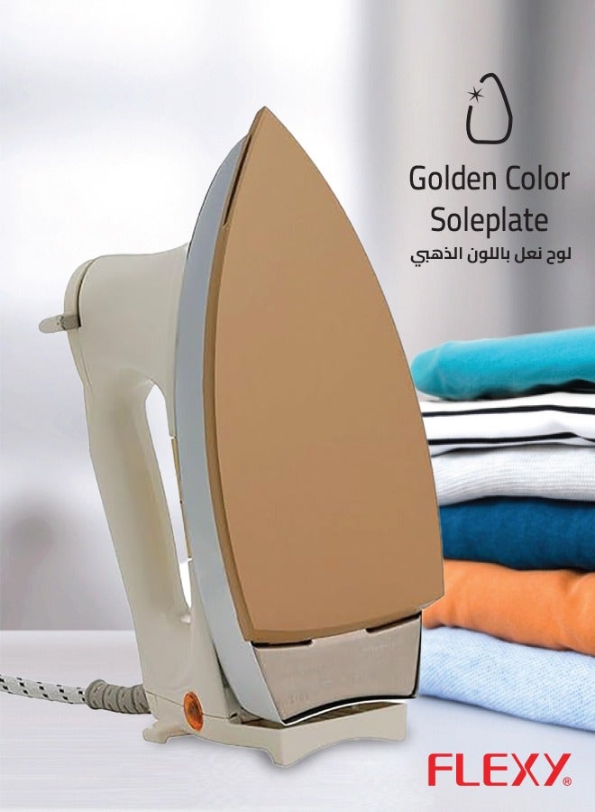 Automatic Dry Iron: Super Deluxe Heavy Weight Iron Box with Temperature Settings Dial, Auto Shut Off Function, and Teflon Coating - Suitable for All Fabrics - White/Golden (2.5 kg, 1200 W)