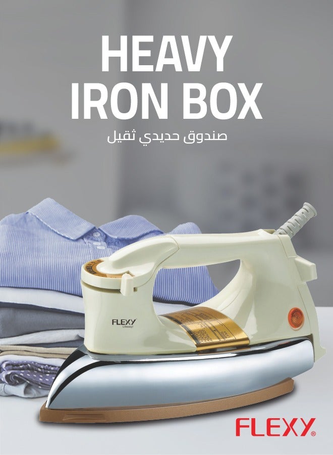 Automatic Dry Iron: Super Deluxe Heavy Weight Iron Box with Temperature Settings Dial, Auto Shut Off Function, and Teflon Coating - Suitable for All Fabrics - White/Golden (2.5 kg, 1200 W)