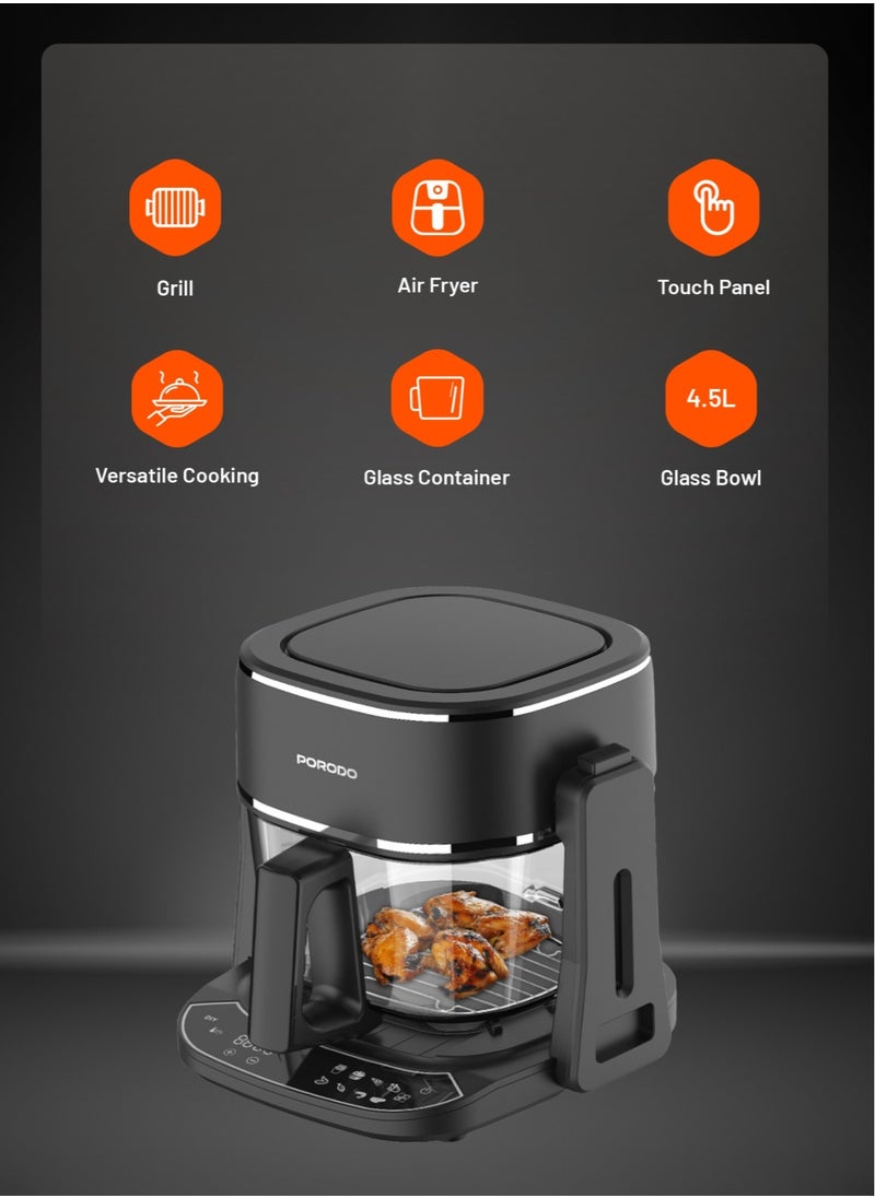 Air Fryer and Electric Grill 2 in 1 Machine with Looking through Basket Airfryer 4.5L 8 Preset Programs, No Pre-Heat Needed, Oil-Free Crispy And Healthy Cooking, Temperature Control - Black