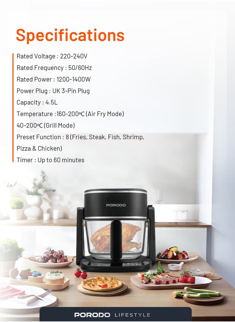 Air Fryer and Electric Grill 2 in 1 Machine with Looking through Basket Airfryer 4.5L 8 Preset Programs, No Pre-Heat Needed, Oil-Free Crispy And Healthy Cooking, Temperature Control - Black