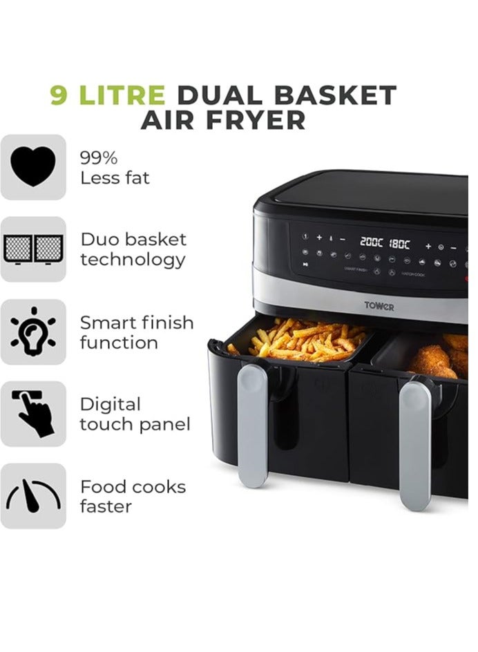 Air Fryer T17088 Vortx 9L Duo Basket with Smart Finish, 2600W Power, Black