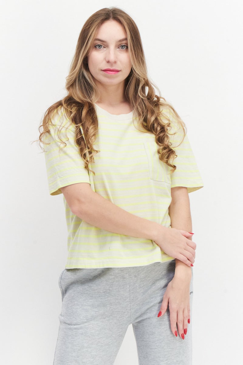 Women Round Neck Short Sleeve Stripe T-Shirt, Lime