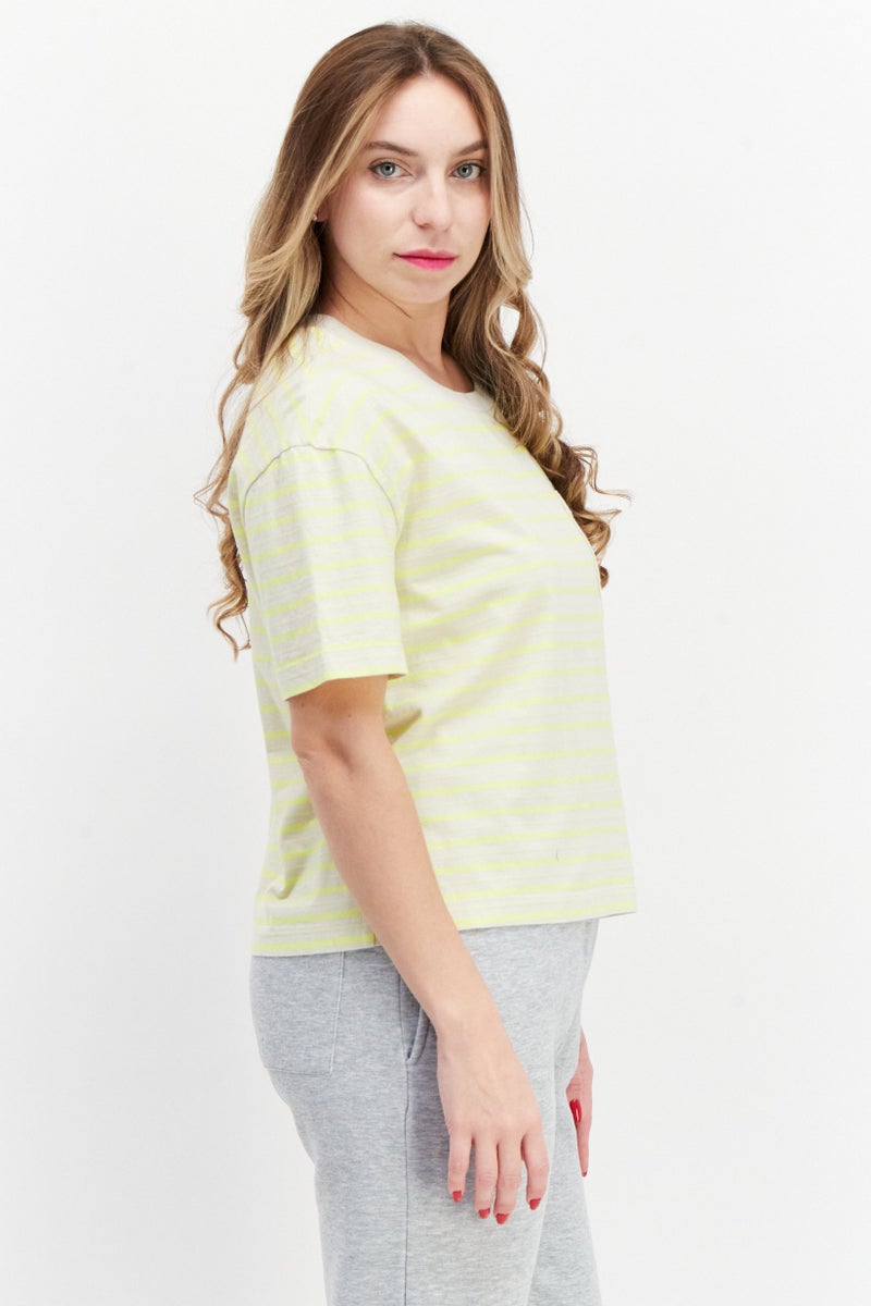 Women Round Neck Short Sleeve Stripe T-Shirt, Lime