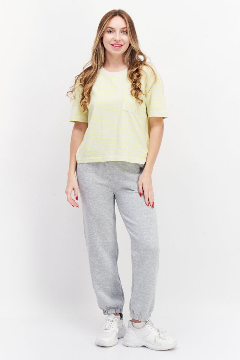 Women Round Neck Short Sleeve Stripe T-Shirt, Lime