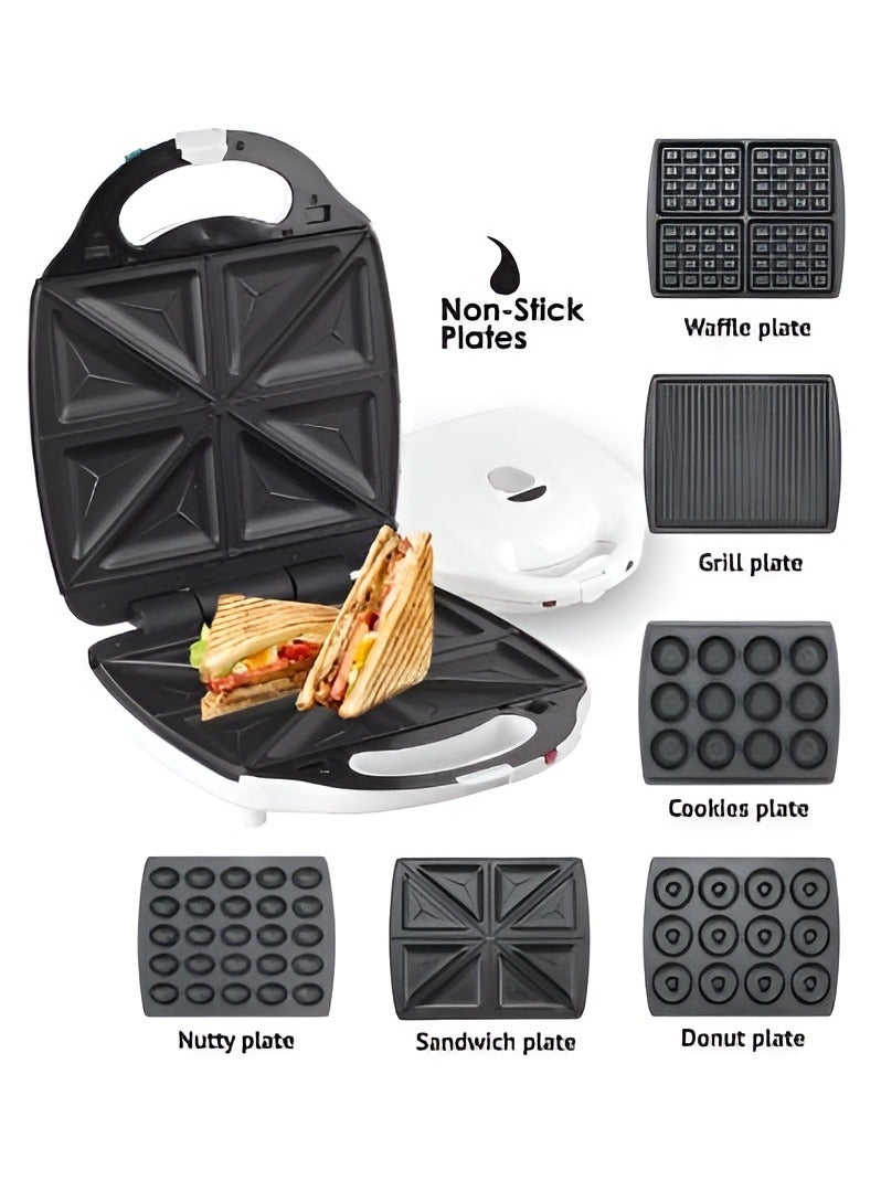 6 in 1 Sandwich Maker with Removable Non-Stick Plates Multi-Function Waffle, Grill, Cookie, Donut, Sandwich, and Nutty Maker – Easy to Clean, 1200W Compact Electric Press for Versatile Cooking