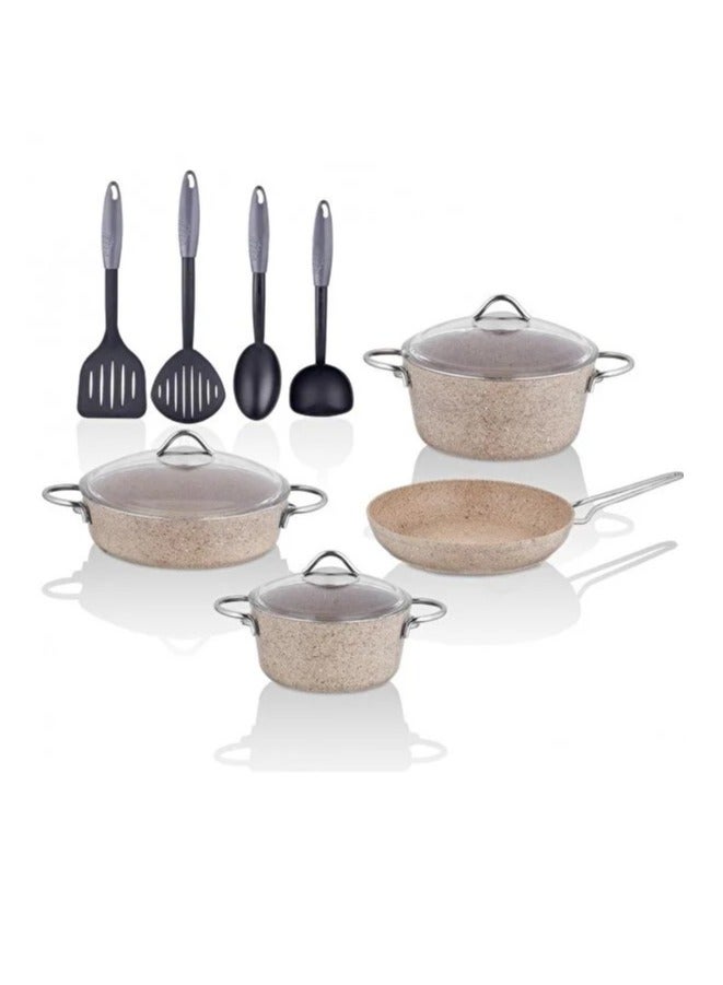 7Pcs Granite Cookware set with 4 Pcs Silicon Cooking Tools - Beige Color-Made in Turkey