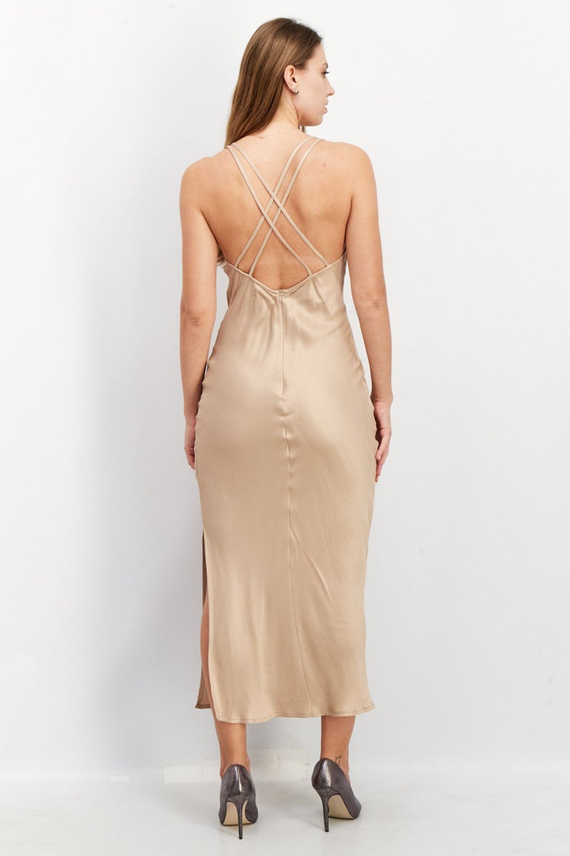 Women Sleeveless Plain Midi Dress, Beige