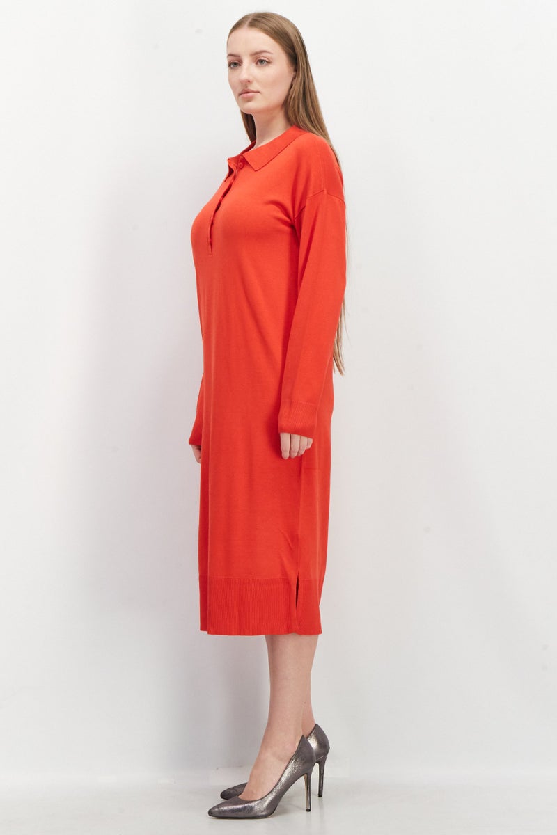 Women Plain Long Sleeve Sweater Dress, Red