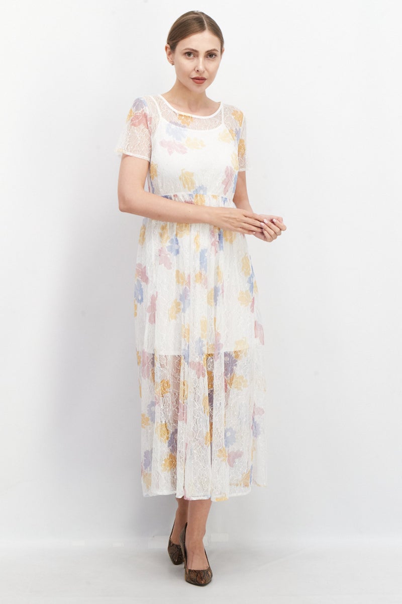 Women Floral Pattern Casual Midi Dress ,White Combo