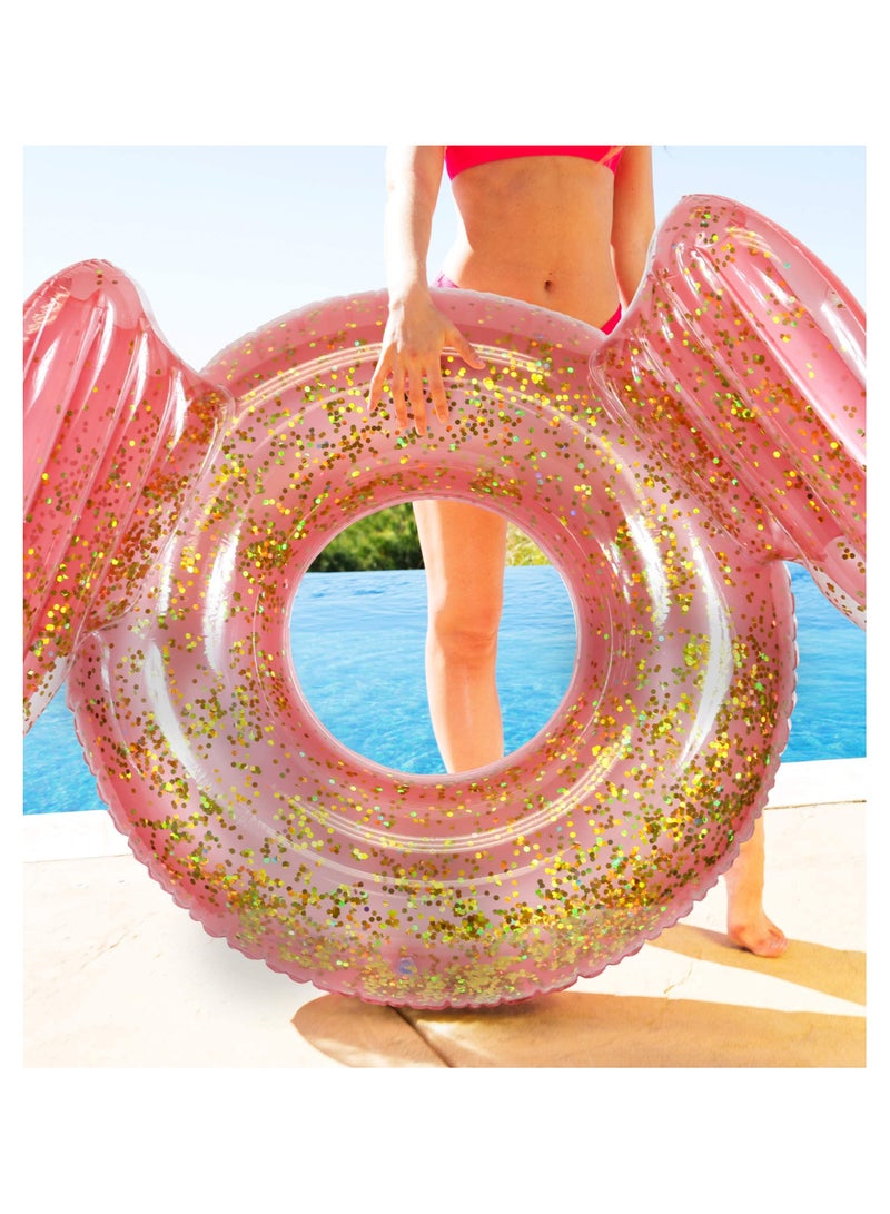 Inflatable Wings Pool Float Ring, Confetti Transparent Lounger for Summer Pool Party Fun Beach Lake - UV Resistant Vinyl Water Tube Toy - Glitter Rose Gold