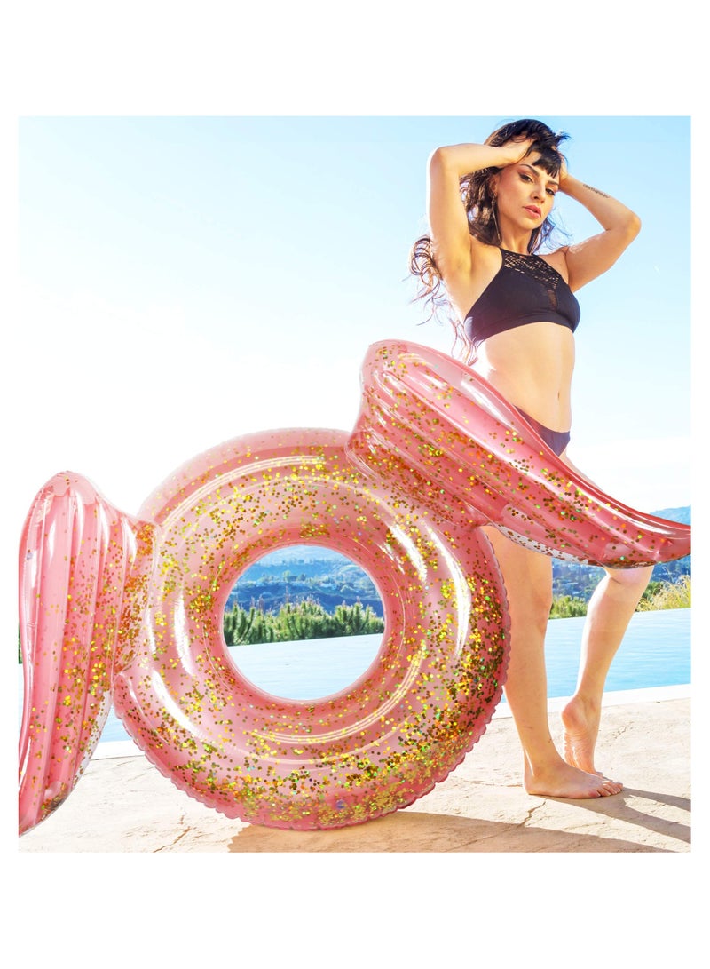 Inflatable Wings Pool Float Ring, Confetti Transparent Lounger for Summer Pool Party Fun Beach Lake - UV Resistant Vinyl Water Tube Toy - Glitter Rose Gold