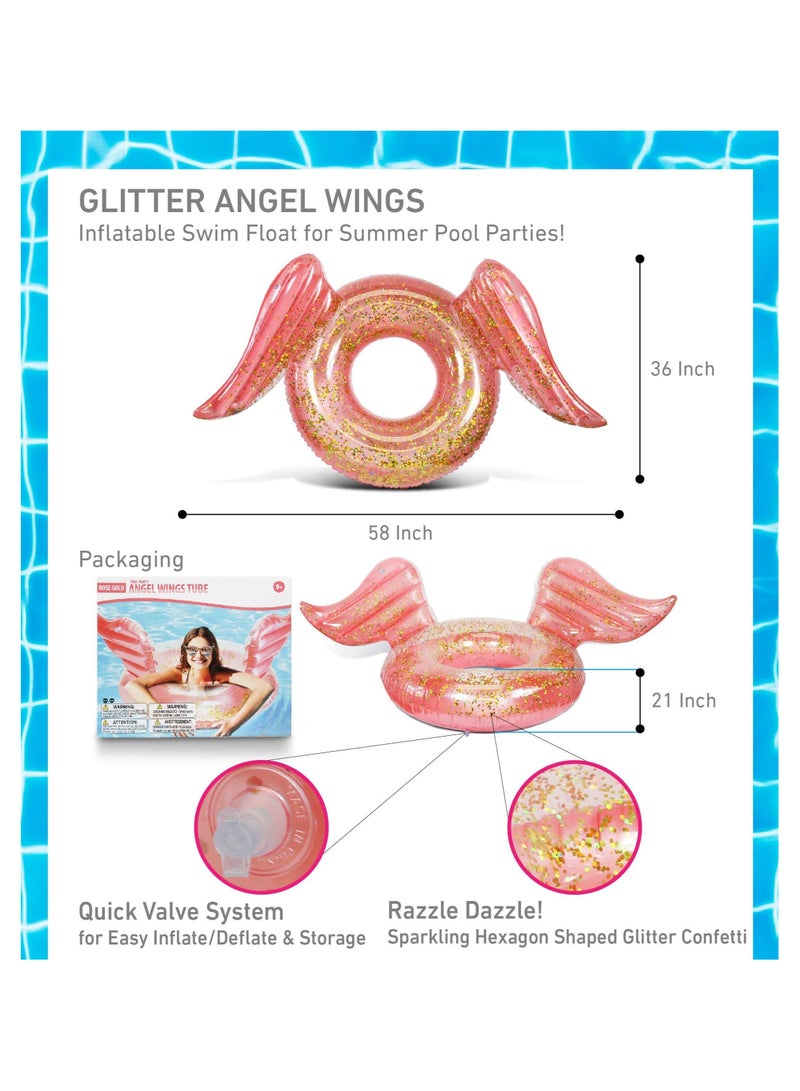 Inflatable Wings Pool Float Ring, Confetti Transparent Lounger for Summer Pool Party Fun Beach Lake - UV Resistant Vinyl Water Tube Toy - Glitter Rose Gold