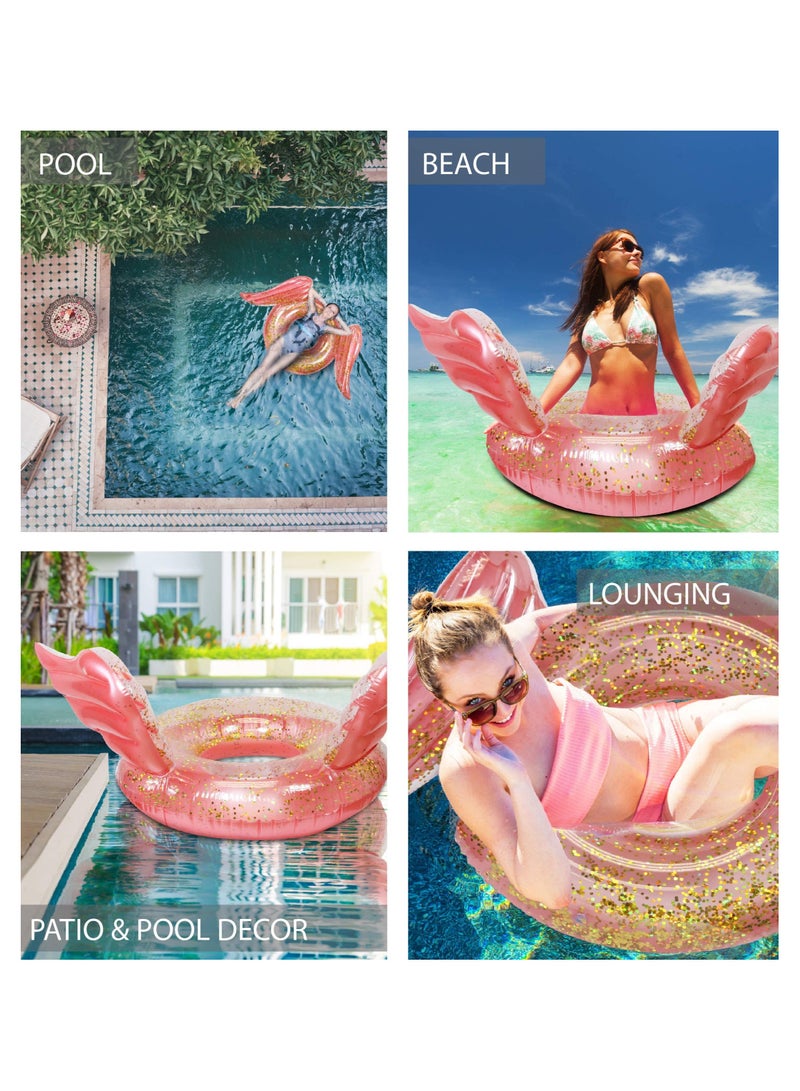 Inflatable Wings Pool Float Ring, Confetti Transparent Lounger for Summer Pool Party Fun Beach Lake - UV Resistant Vinyl Water Tube Toy - Glitter Rose Gold