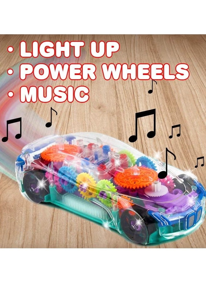 Light Up Transparent Car Toy for Kids, Bump and Go Toy Car with Colorful Moving Gears, Music, and LED Effects, Fun Educational Toy for Kids, Great Birthday Gift Idea,1 PCS