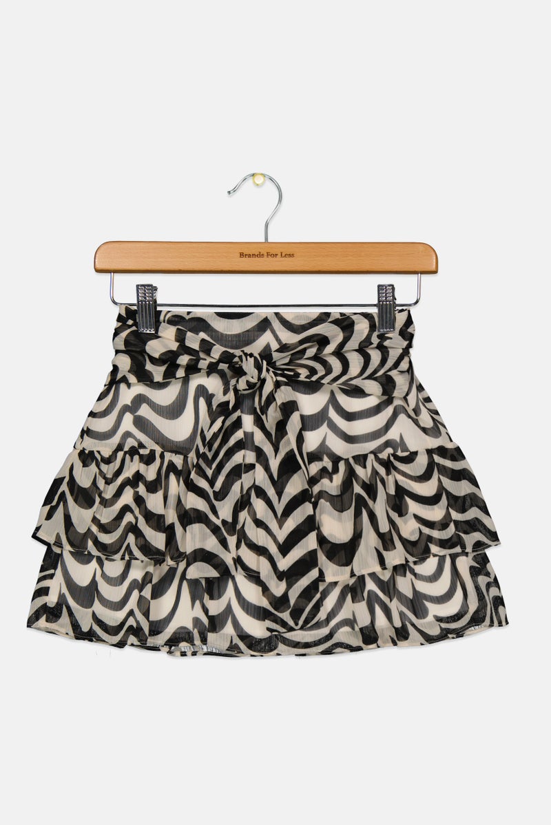 Kids Girl Allover Print Mini Skirt, Beige/Black