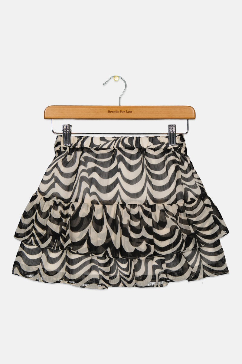 Kids Girl Allover Print Mini Skirt, Beige/Black