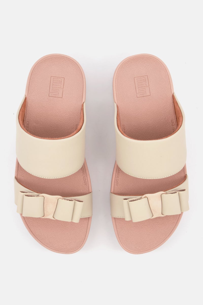 Women Rosa Bow Leather Slip On Sandals, Beige