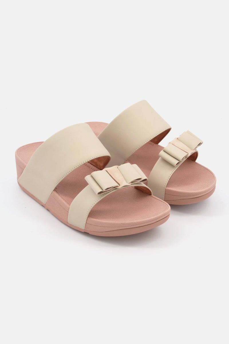 Women Rosa Bow Leather Slip On Sandals, Beige