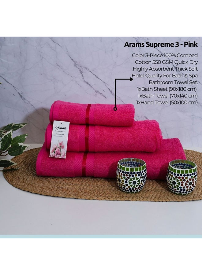 Arams Supreme 3-Piece 100% Combed Cotton 550 GSM Quick Dry Highly Absorbent Thick Soft Hotel Quality For Bath And Spa Bathroom Towel Set  1xBath Sheet (90x180 cm), 1xBath Towel (70x140 cm), 1xHand Towel (50x100 cm) Dark Pink Color