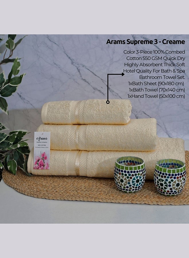 Arams Supreme 3-Piece 100% Combed Cotton 550 GSM Quick Dry Highly Absorbent Thick Soft Hotel Quality For Bath And Spa Bathroom Towel Set  1xBath Sheet (90x180 cm), 1xBath Towel (70x140 cm), 1xHand Towel (50x100 cm) Cream Color