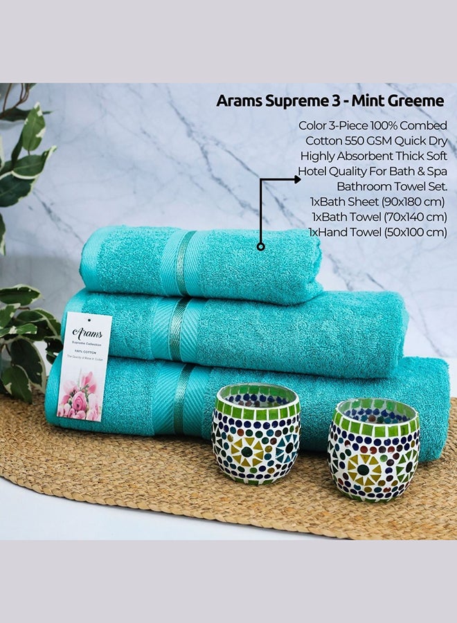 Arams Supreme 3-Piece 100% Combed Cotton 550 GSM Quick Dry Highly Absorbent Thick Soft Hotel Quality For Bath And Spa Bathroom Towel Set  1xBath Sheet (90x180 cm), 1xBath Towel (70x140 cm), 1xHand Towel (50x100 cm) Mint Green Color