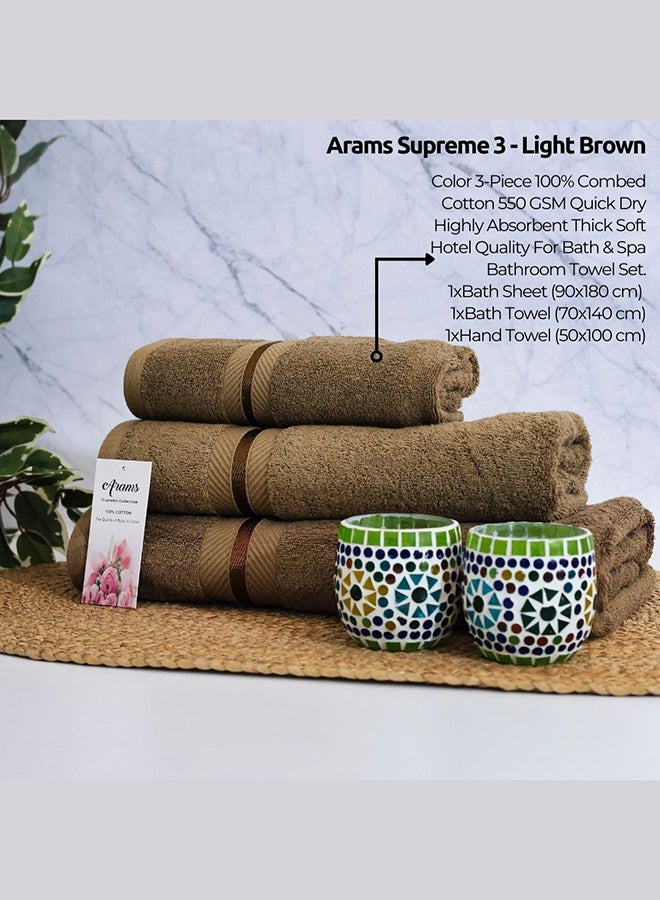 Arams Supreme 3-Piece 100% Combed Cotton 550 GSM Quick Dry Highly Absorbent Thick Soft Hotel Quality For Bath And Spa Bathroom Towel Set  1xBath Sheet (90x180 cm), 1xBath Towel (70x140 cm), 1xHand Towel (50x100 cm) Light Brown Color