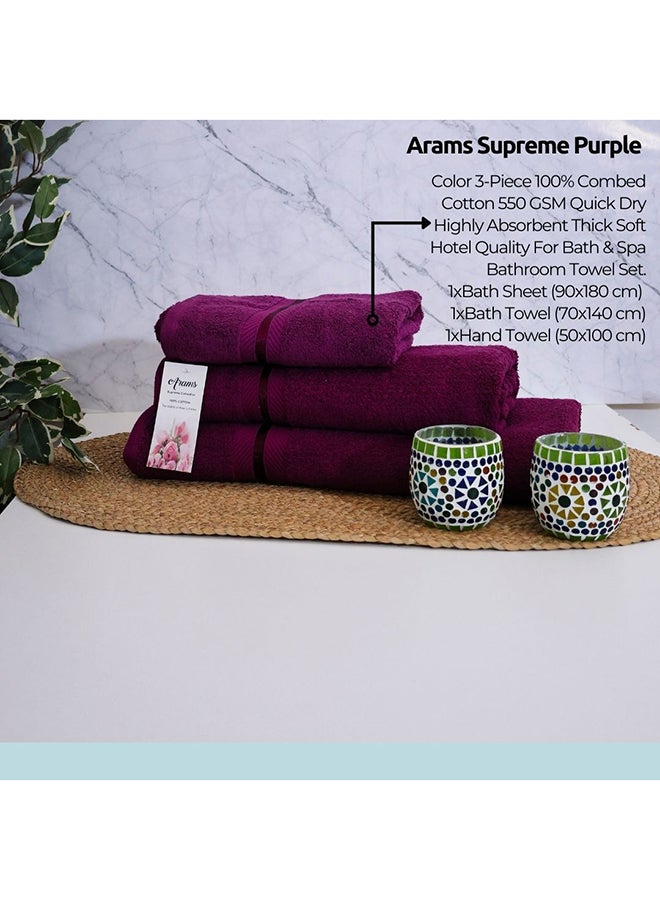 Arams Supreme 3-Piece 100% Combed Cotton 550 GSM Quick Dry Highly Absorbent Thick Soft Hotel Quality For Bath And Spa Bathroom Towel Set  1xBath Sheet (90x180 cm), 1xBath Towel (70x140 cm), 1xHand Towel (50x100 cm) Purple Color